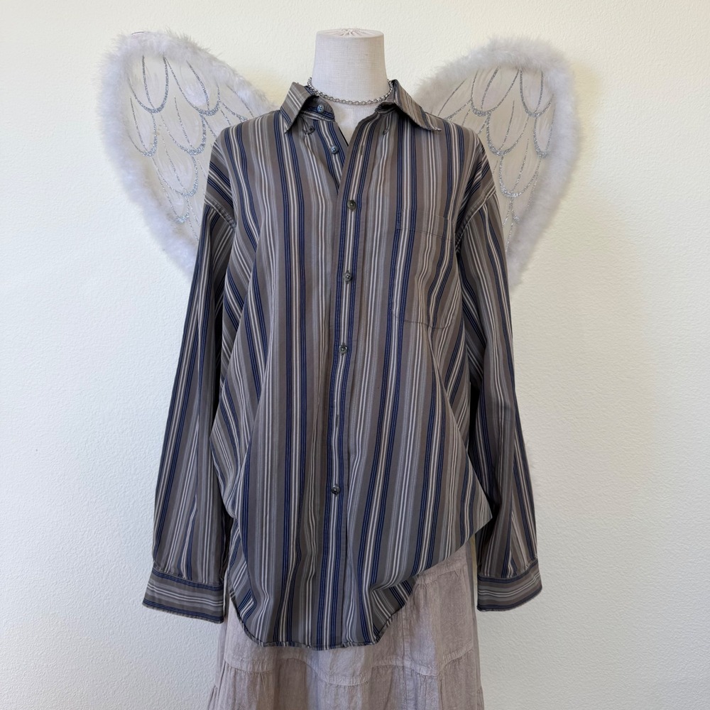 Indie SKater Grunge‎ Striped Button Down Shirt Brown Blue Cotton Distressed Dad